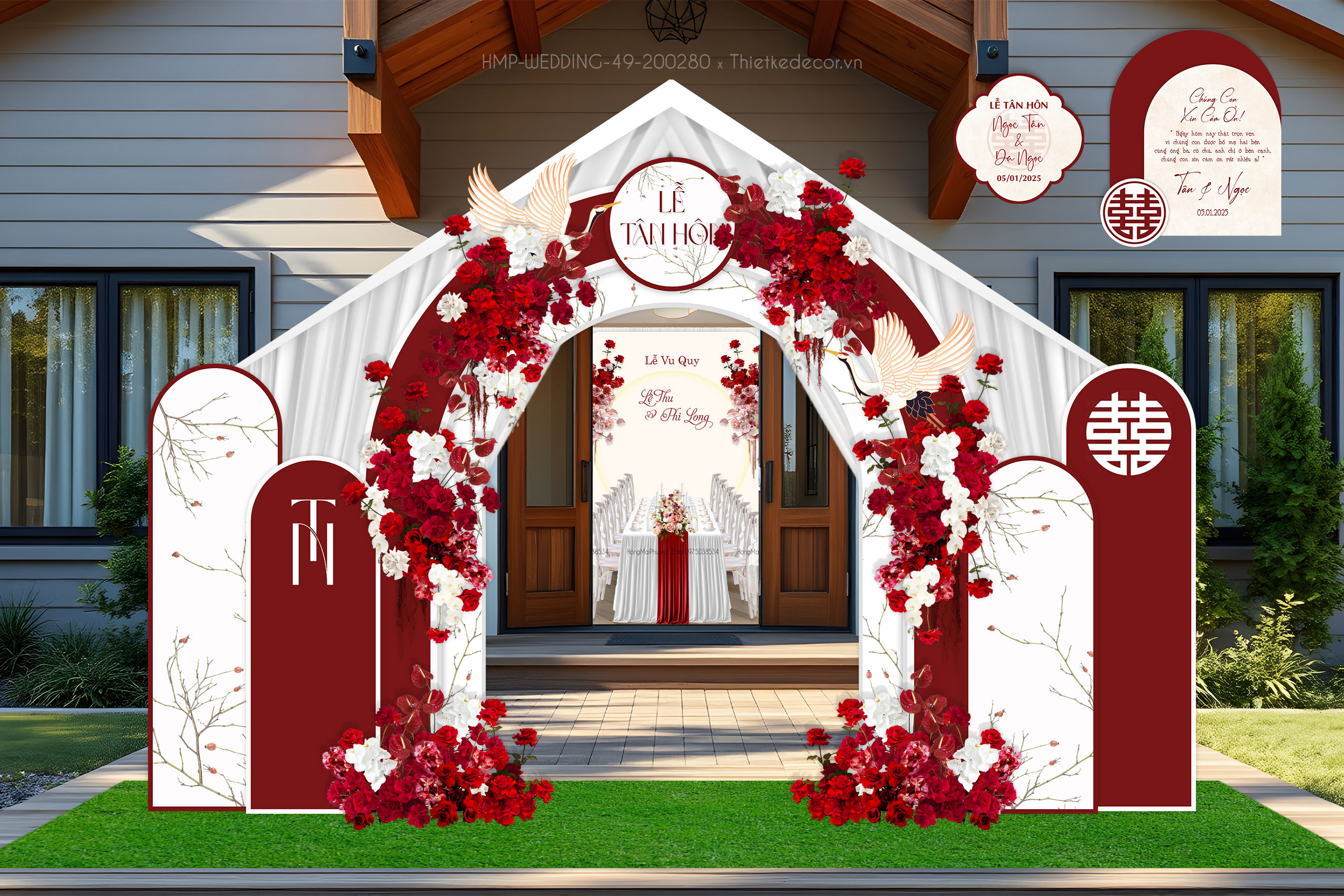 Cổng cưới tone đỏ gắn chim hạc kèm tem nước và tag bàn